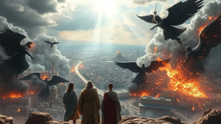 Ultra-realistic depiction of a future Jerusalem with celestial battles and figures in biblical attire.