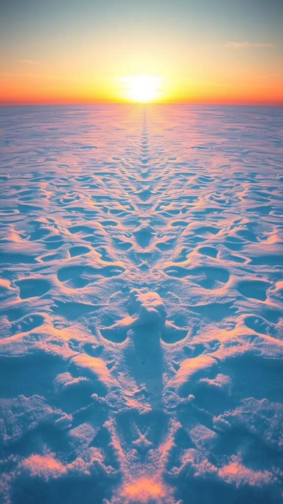 Snowy plain with glowing sunset and textured ground.