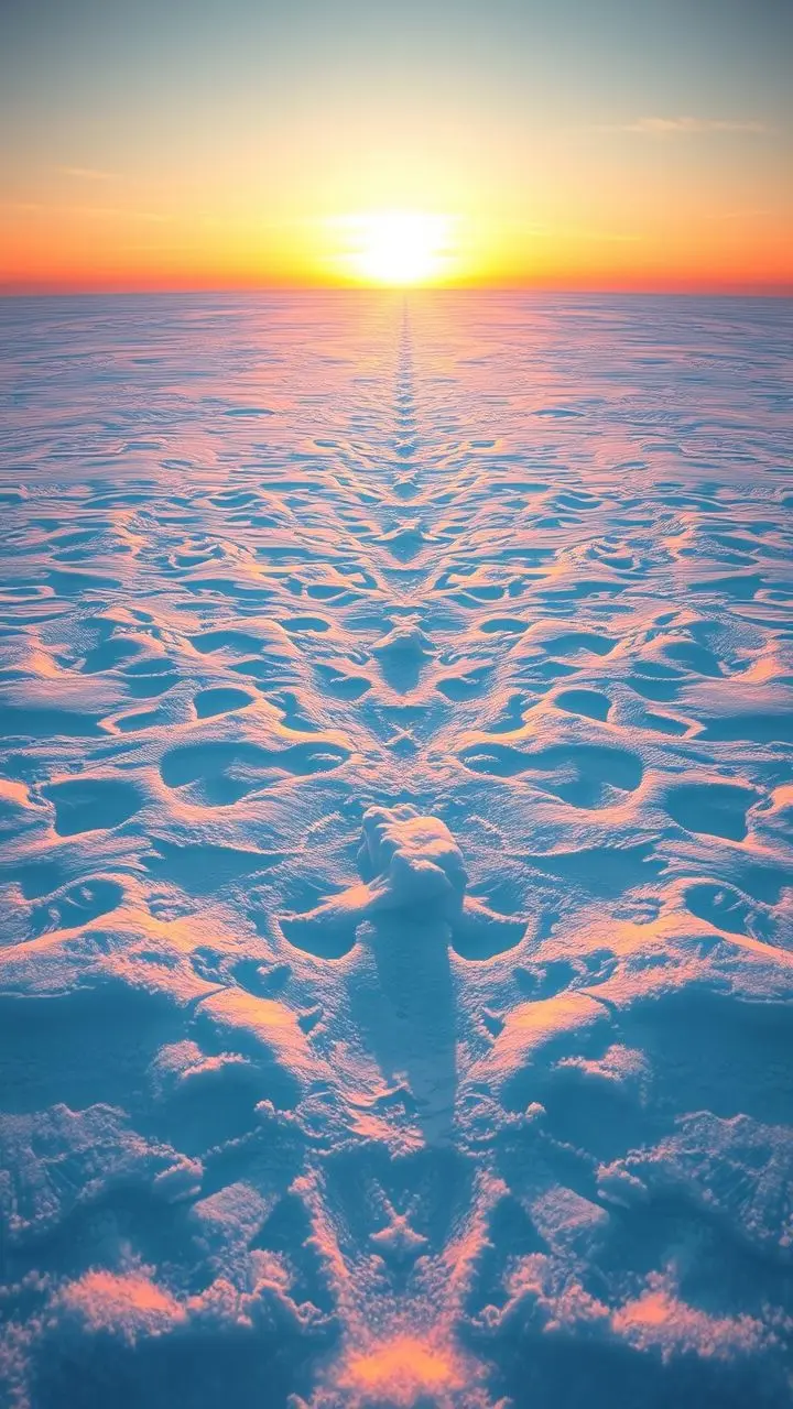 Snowy plain with glowing sunset and textured ground.