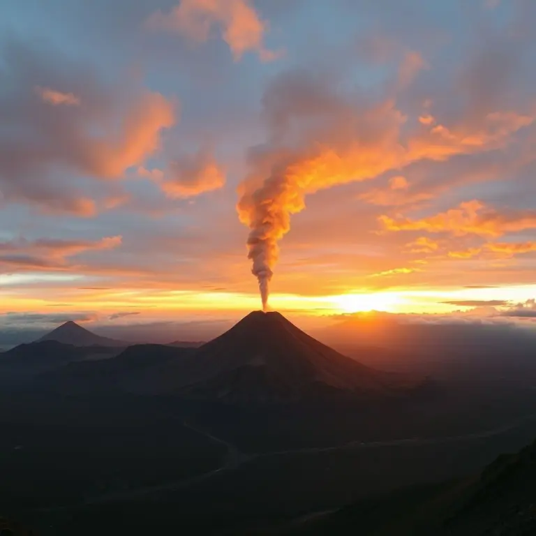 Panoramic view of a volcano erupting with a smoke column during a vibrant sunset.