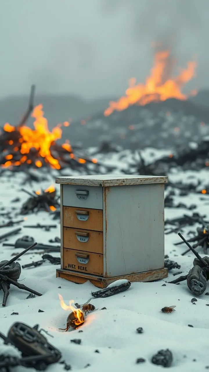 Vintage beekeeping box in a volcanic winter landscape with fiery debris.