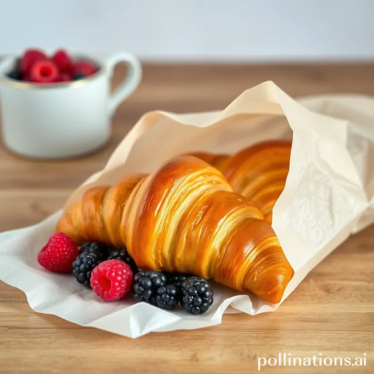 Paper bag with warm croissants and fresh berries.