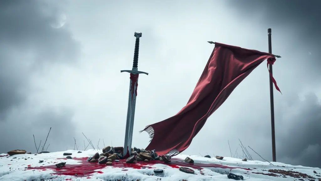 Bloodied sword in the ground, fallen banner flapping in the wind.