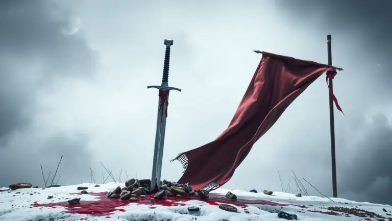 Bloodied sword in the ground, fallen banner flapping in the wind.