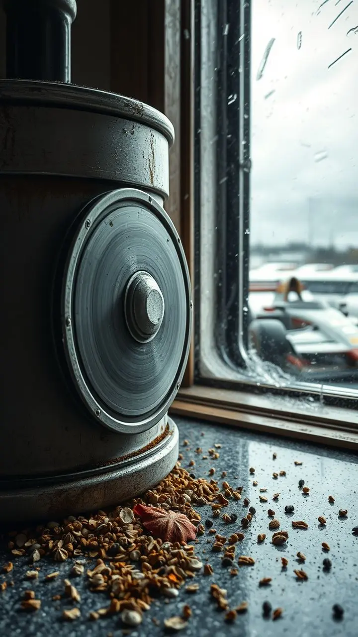 A close-up of a spinning, scratched spice rack with scattered spices during a storm, a blurred race car passing outside.