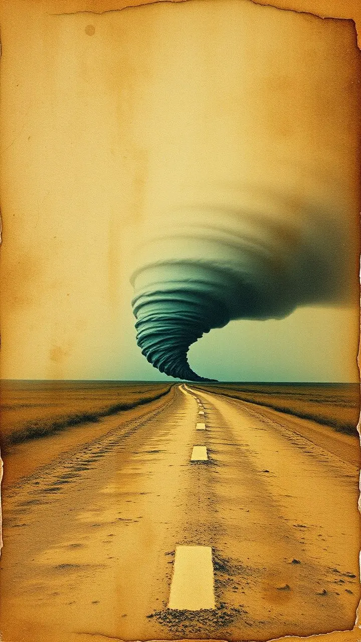 Vaporwave tornado path with weathered texture and reflections.