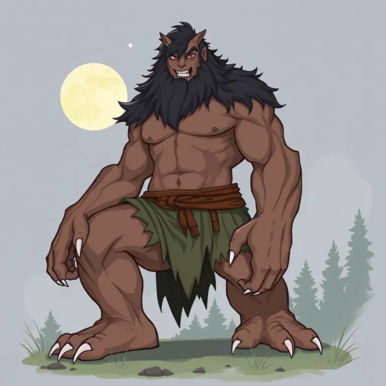 A teenage boy, transformed into a giant with sharp teeth, stands on a cliff by the sea under a full moon.