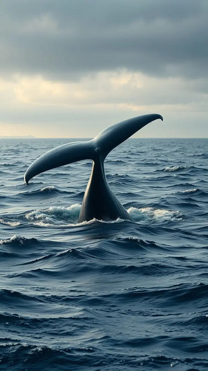 Whale breaching ocean during a windy day with distant pavement.