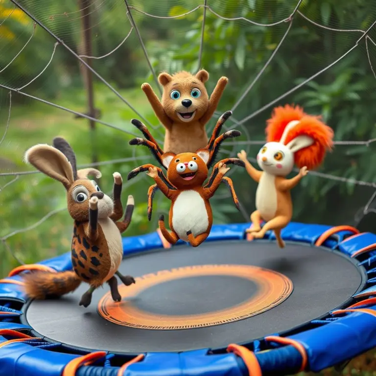 Animals bouncing on a spiderweb trampoline.