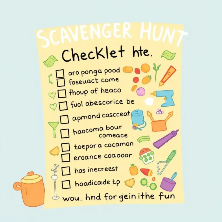 Scavenger hunt checklist with drawings of household items.