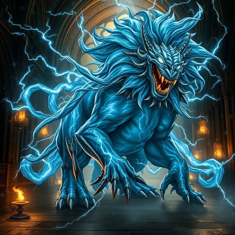 A muscular, magical beast with electric blue and silver fur and glowing eyes, within Hogwarts.