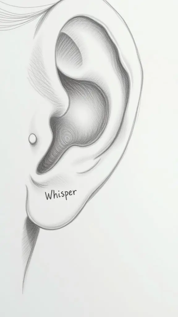 Close-up sketch of an ear with a faint whisper entering it.