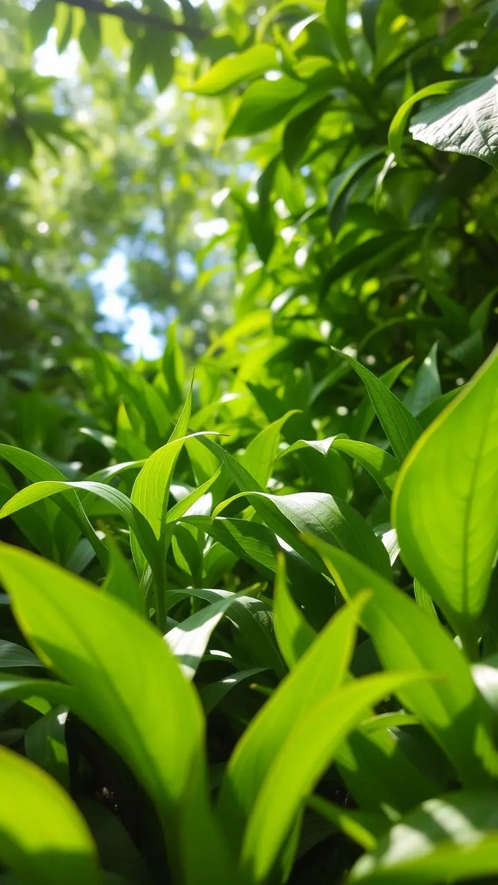 Close-up of vibrant green leaves swaying and overlapping in a forest.