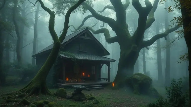 Hidden wooden temple in a foggy, moss-covered forest with scattered offerings and glowing candles.