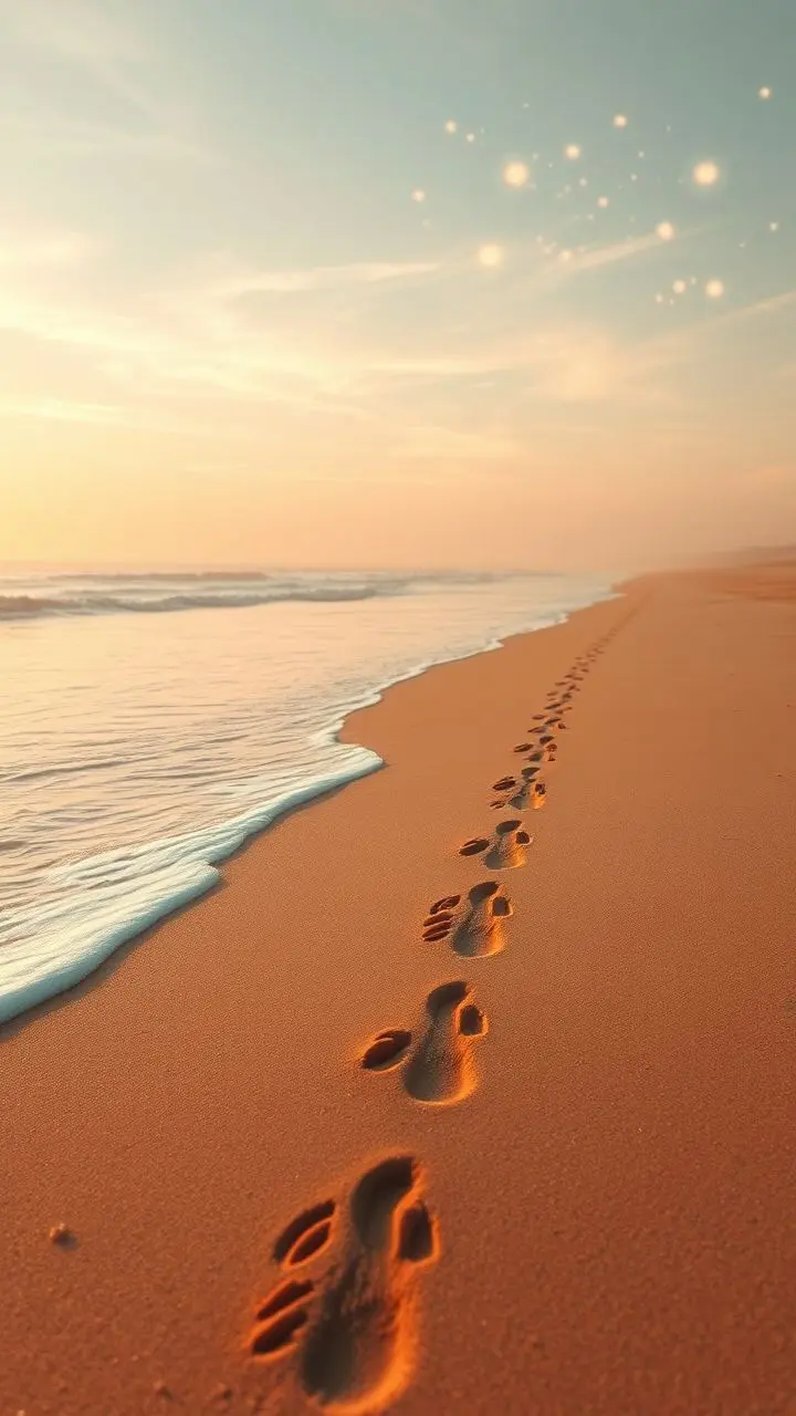 Sunrise over a beach with footprints and shimmering plankton.
