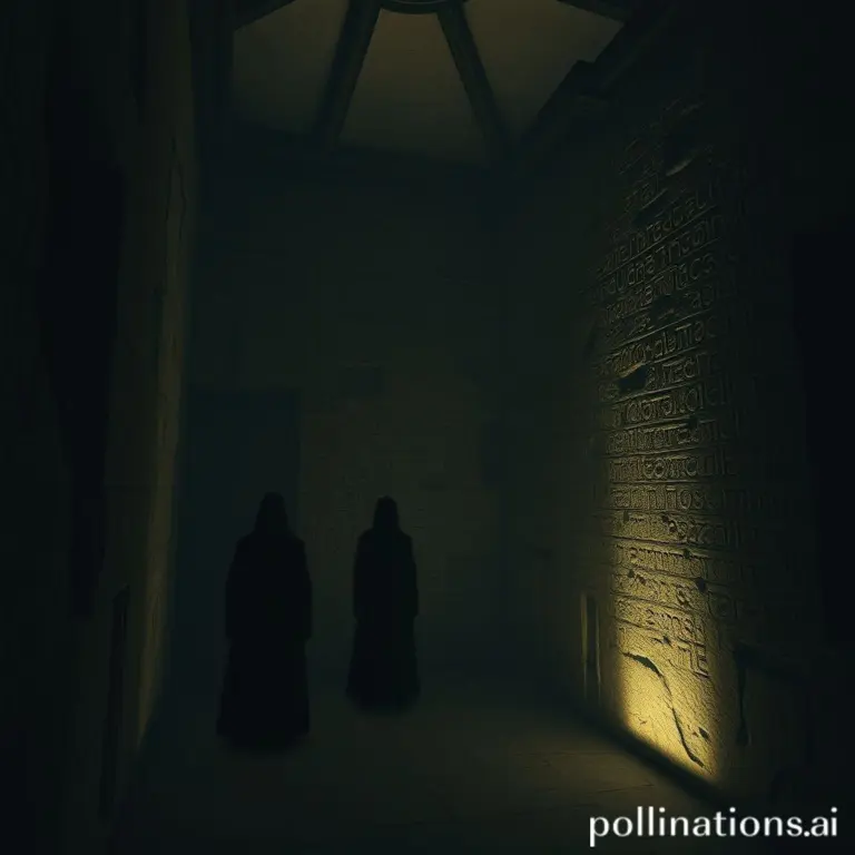 Dimly lit chamber with glowing runes and shadowy figures.
