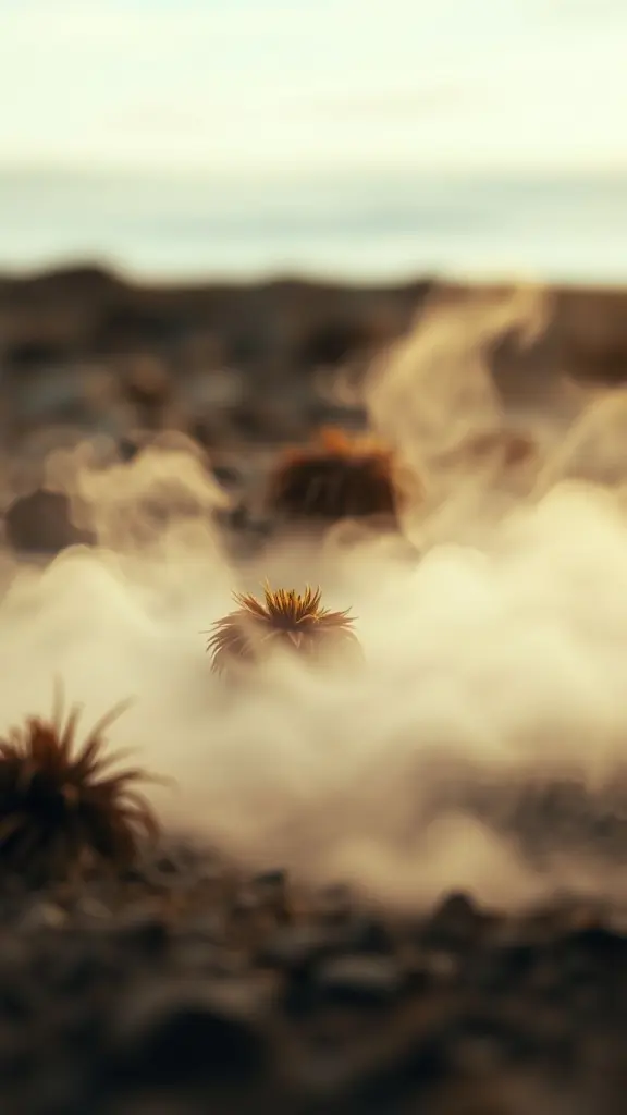 Vintage photo of mist swirling around spurred landscape with tar and distant gale warning.