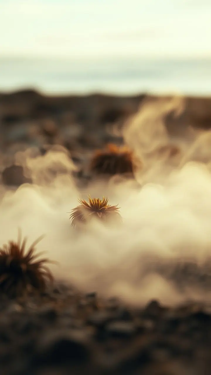 Vintage photo of mist swirling around spurred landscape with tar and distant gale warning.