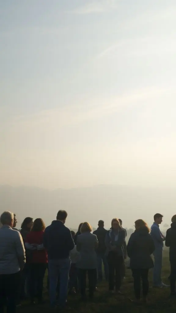 People standing still, listening to a gentle breeze.