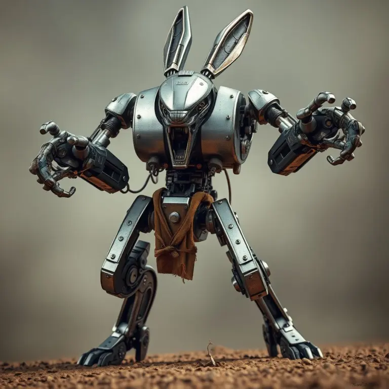 Humanoid robot with a hare head, Wild West style, in battle pose.