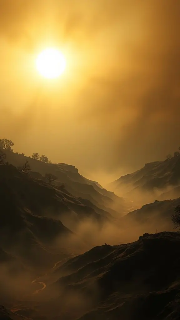 Wildfire smoke obscuring a landscape with hazy sun and eroded symmetrical patterns.