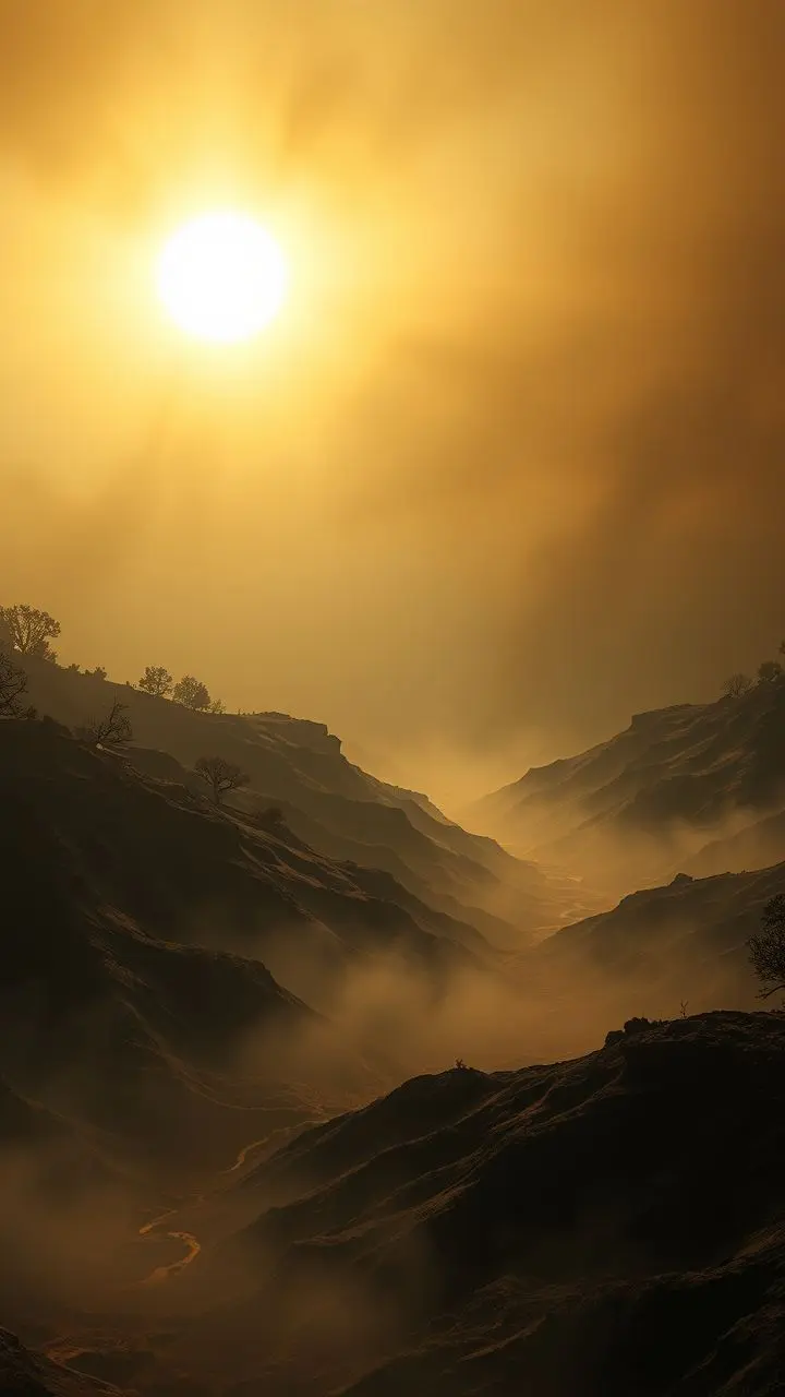 Wildfire smoke obscuring a landscape with hazy sun and eroded symmetrical patterns.