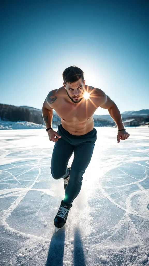 Male athlete skating on ice with sun flare