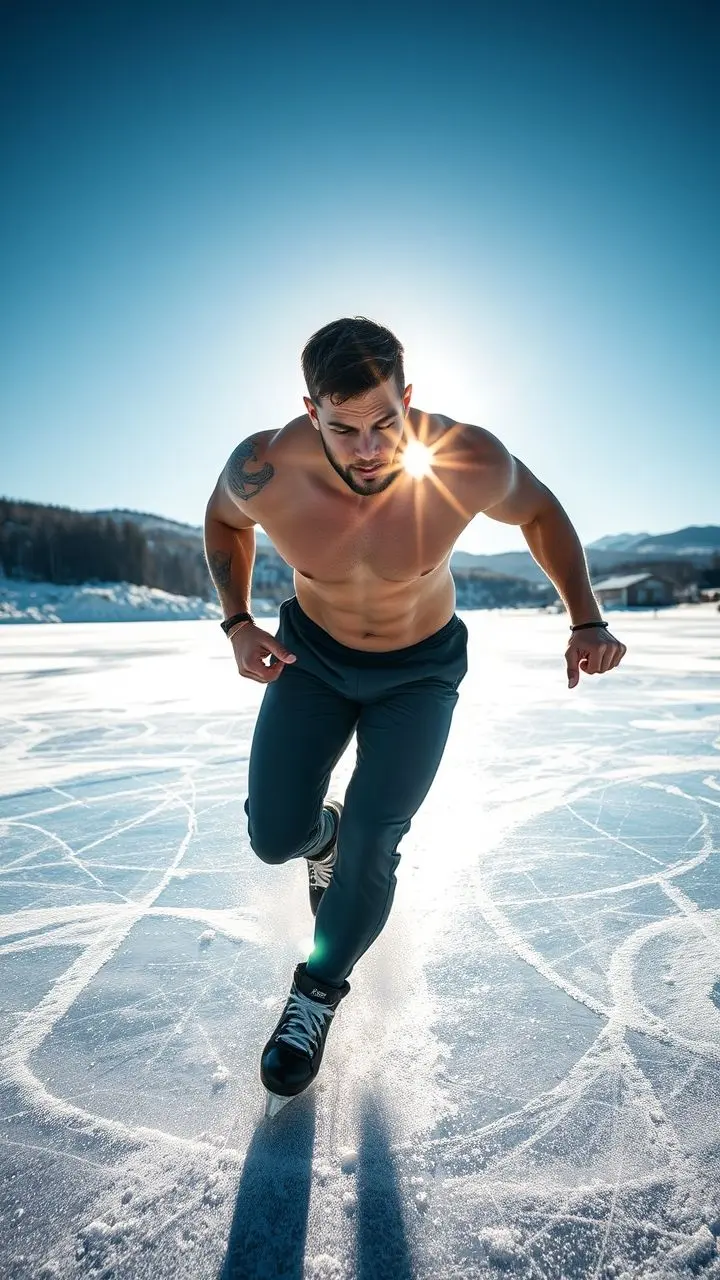 Male athlete skating on ice with sun flare