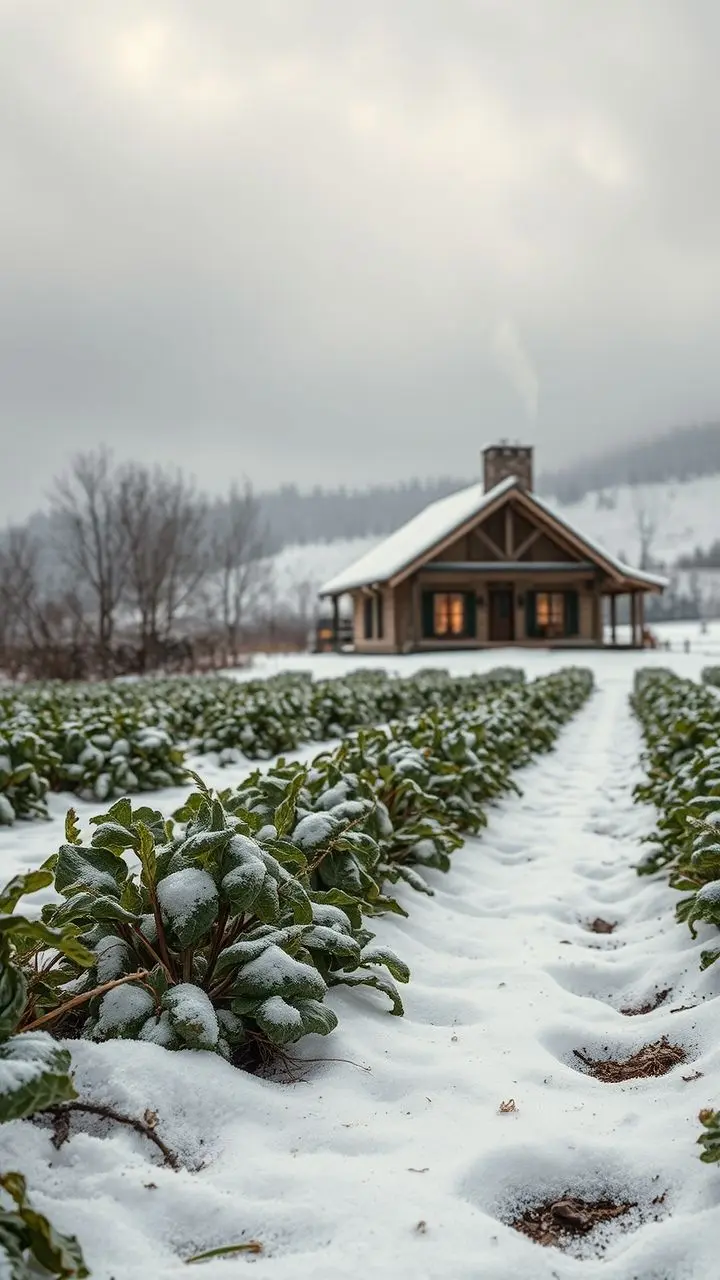 Winter cabin in snowy field, spring rain on crops, wet roots, rubber sheen.