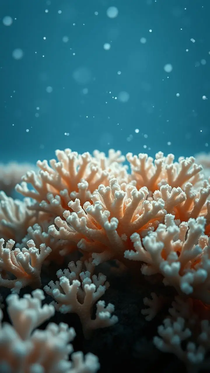 Serene coral spawning with snowflakes under a winter midnight sky, in pastel chalk style.