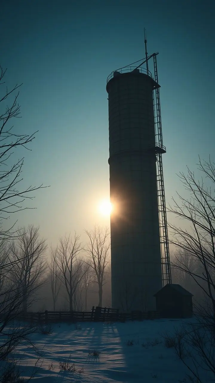 Silhouetted silo and autonomous structure in a winter dawn landscape with fireflies.