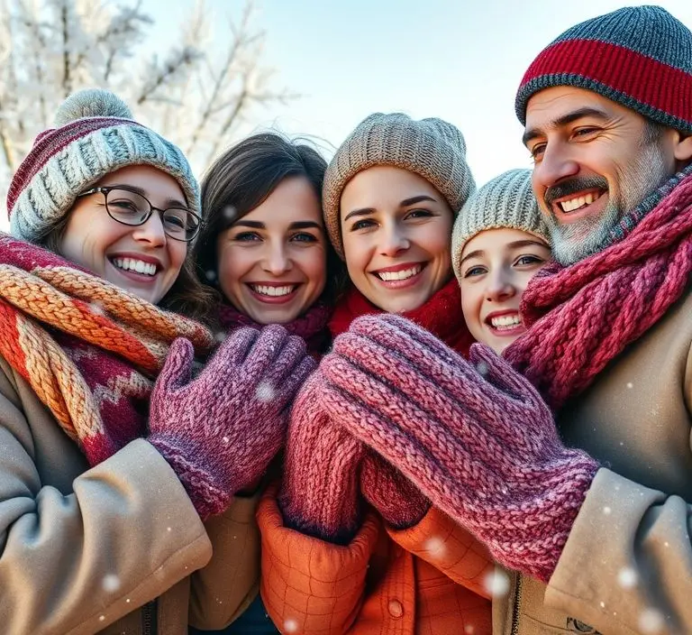 Family in snow, wearing knitted gloves, smiling.