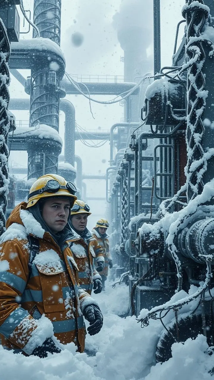 Workers in a snowy industrial landscape with transparent vines.