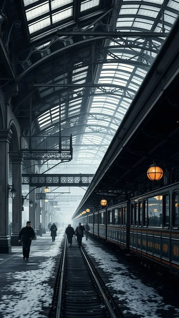 Historic train station with Kintsugi repairs in winter light.