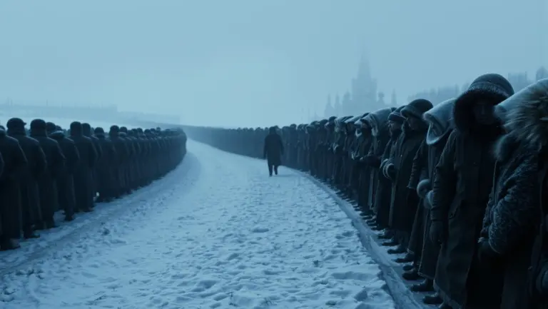 Hyper-realistic winter scene with a long queue of mourners in front of Red Square, showing emotional distress and harsh cold.
