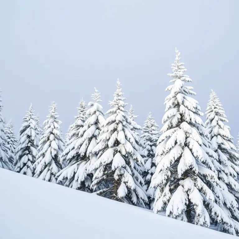 Snowy pine trees in a forest.