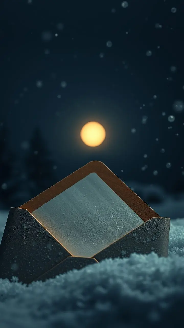 Open envelope with liner on snowy winter night, soft moonlight, falling snow, hint of dawn, dystopian aesthetic.
