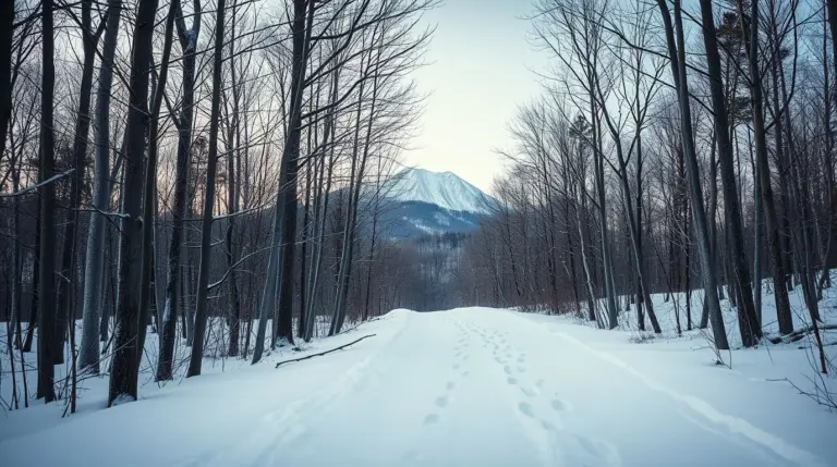 Snowy forest path leading to Bald Mountain in winter.