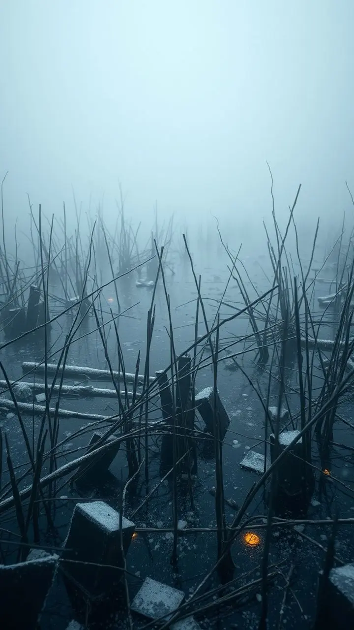 Surreal winter landscape with broken reeds, snow, mist, and glowing fireflies.