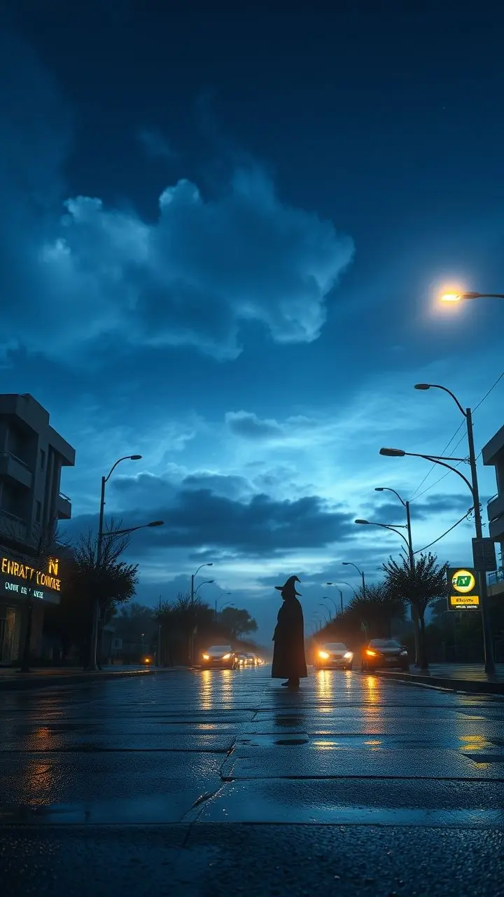 Wizard watching noctilucent clouds on a wet street.