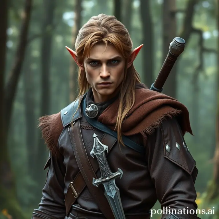 Male elf in leather jerkin with dagger in a forest.