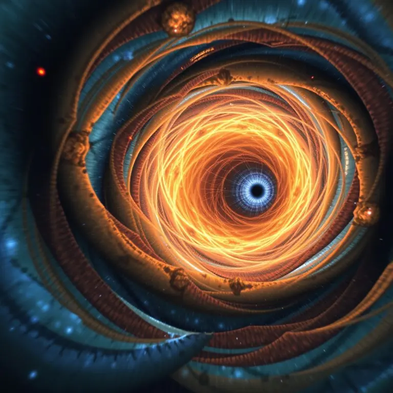 Visualization of a wormhole with swirling colors and light.