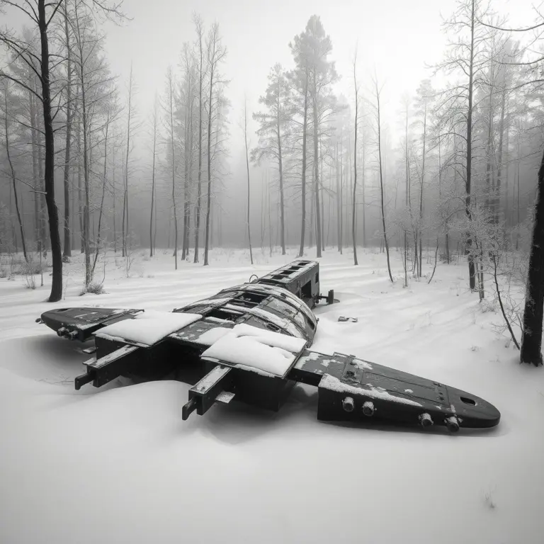 Black and white photo of a destroyed DFS 230 glider in a winter forest.