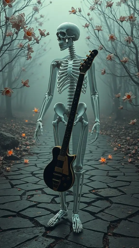 X-ray skeleton and vintage tuner, surreal dystopian environment.