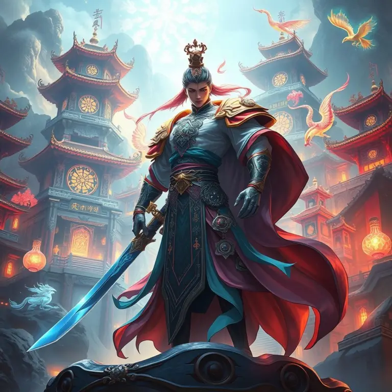 Fantasy landscape with hero, ancient temples, and mythical creatures.
