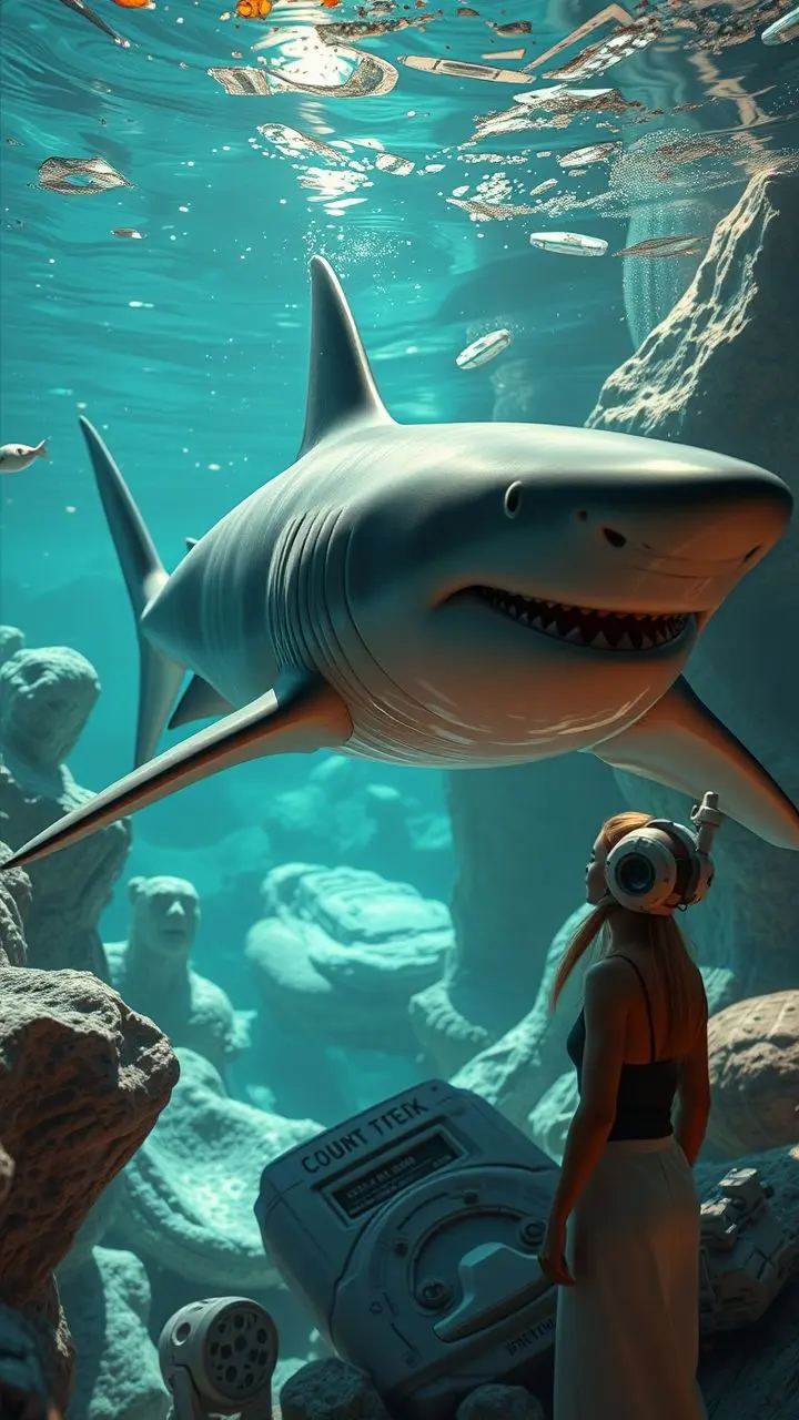 Shark swimming in futuristic Y2K scene with film reel and Clara