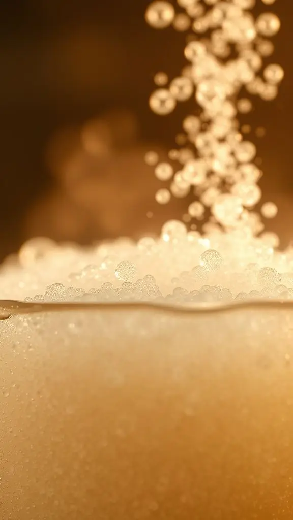 Macro photo of active dry yeast dissolving in water with sugar, showing bubbles and steam.