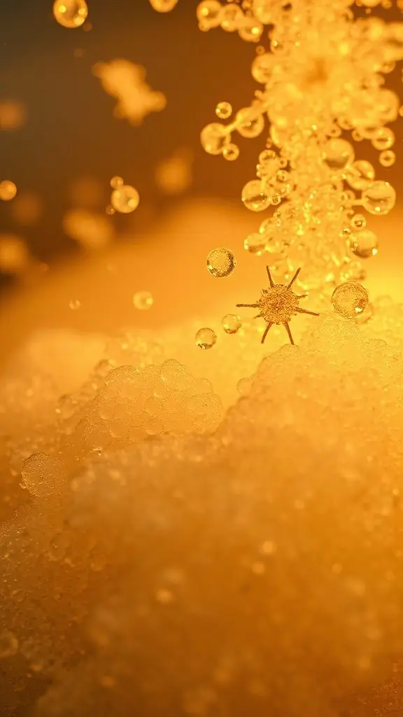 Close-up of yeast cells fermenting with visible bubbles.