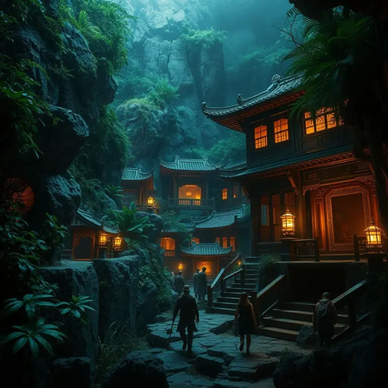 Explorers in a jungle discovering an ancient Chinese palace underground.