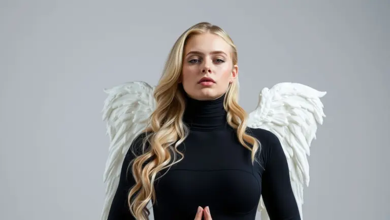 Yoga angel in futuristic suit with headgear and mouthpiece practicing wide-mouthed posture.